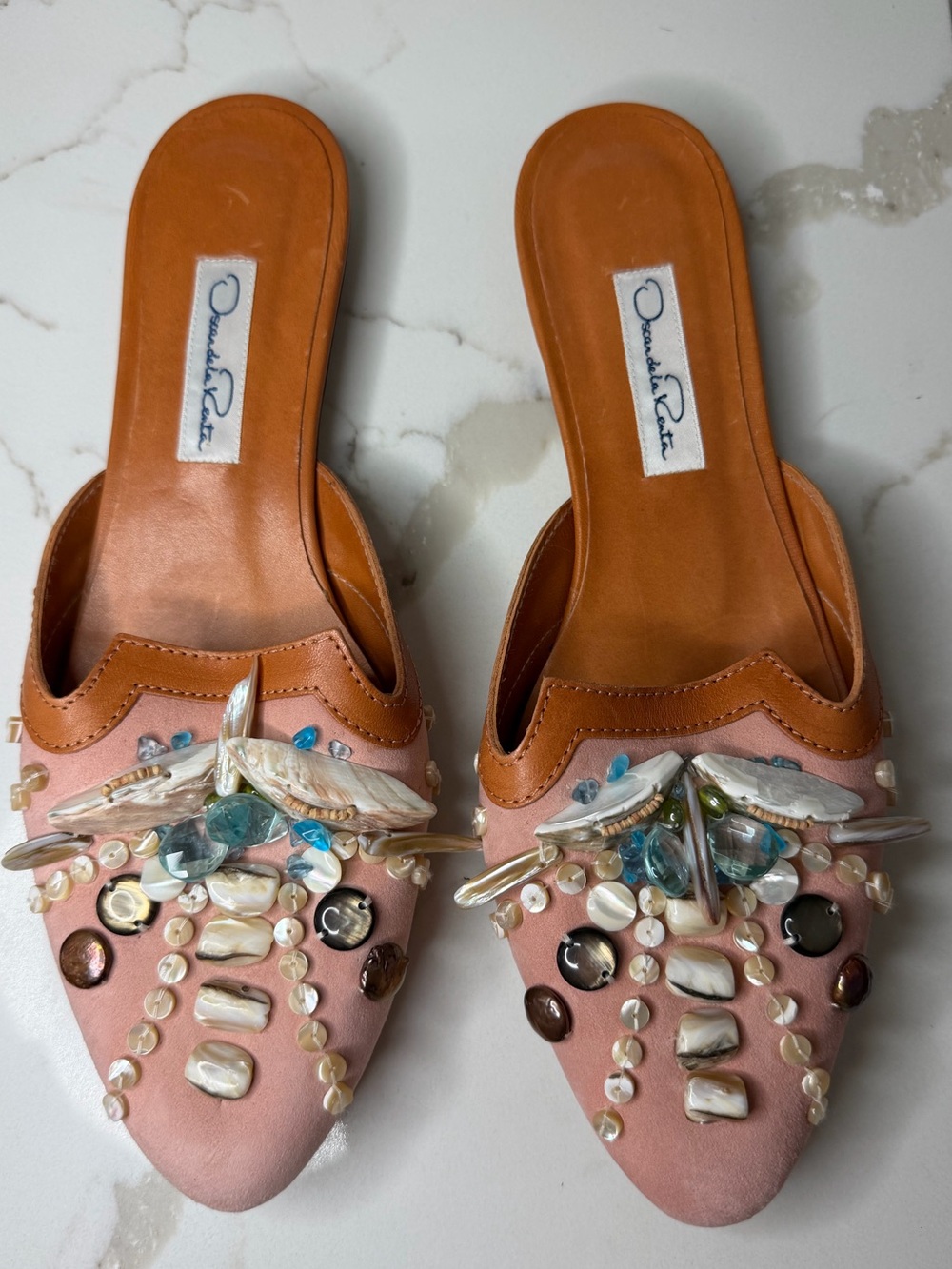 Oscar de la Renta Pink and Tan Beaded Embellished Mules